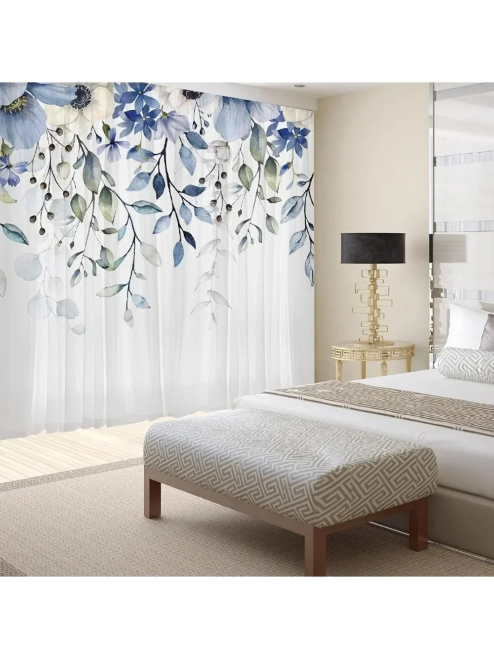 Elegant Blue Floral Sheer Curtains - 84
